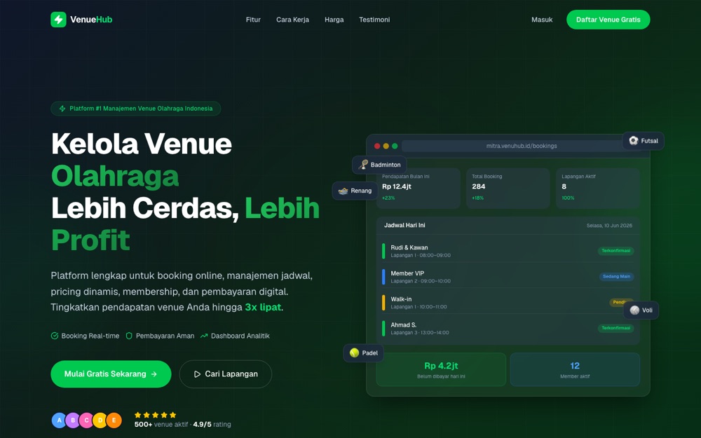 Tampilan aplikasi VenueHub — SaaS · Booking Platform